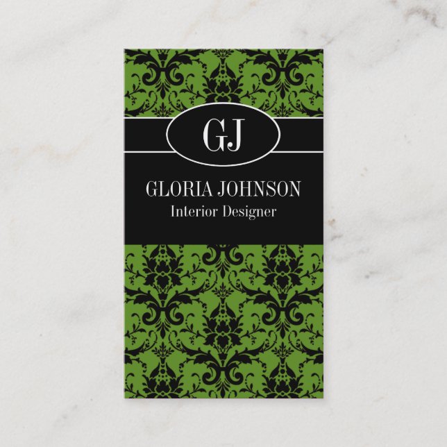 Black and Green Damask Monogram Business Card (Front)