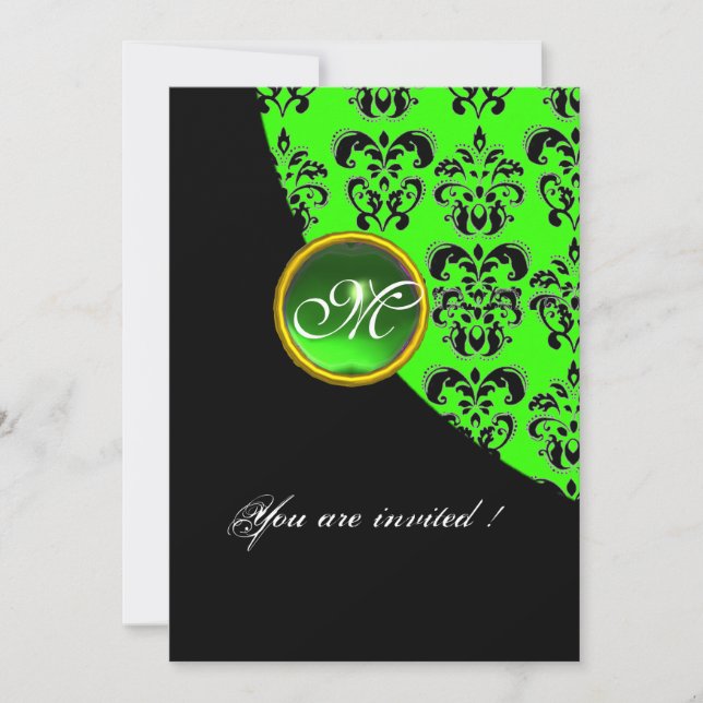 BLACK AND GREEN DAMASK MONOGRAM,emerald Invitation (Front)