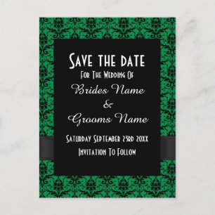Black and green damask save the date announcement postcard