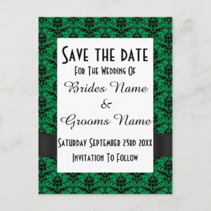 Black and green damask save the date announcement postcard