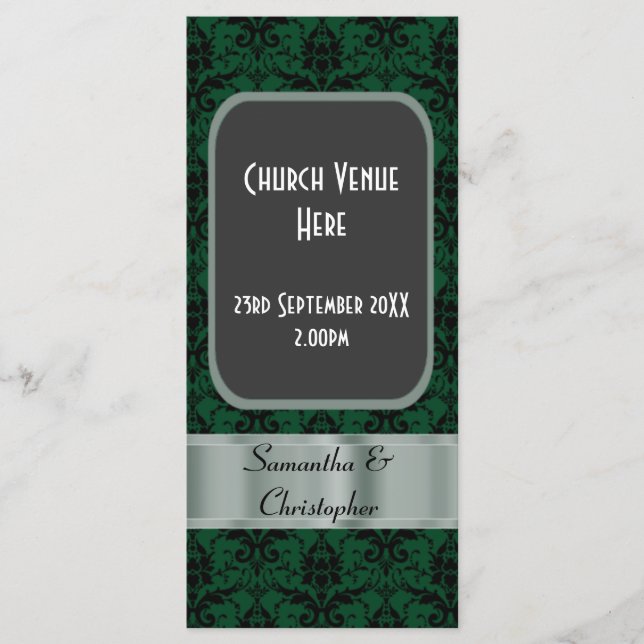 Black and green damask wedding program programme (Front)