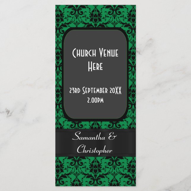 Black and green damask wedding program programme (Front)