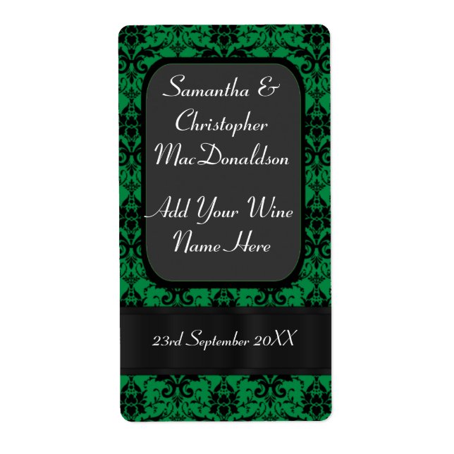Black and green damask wedding wine bottle (Front)