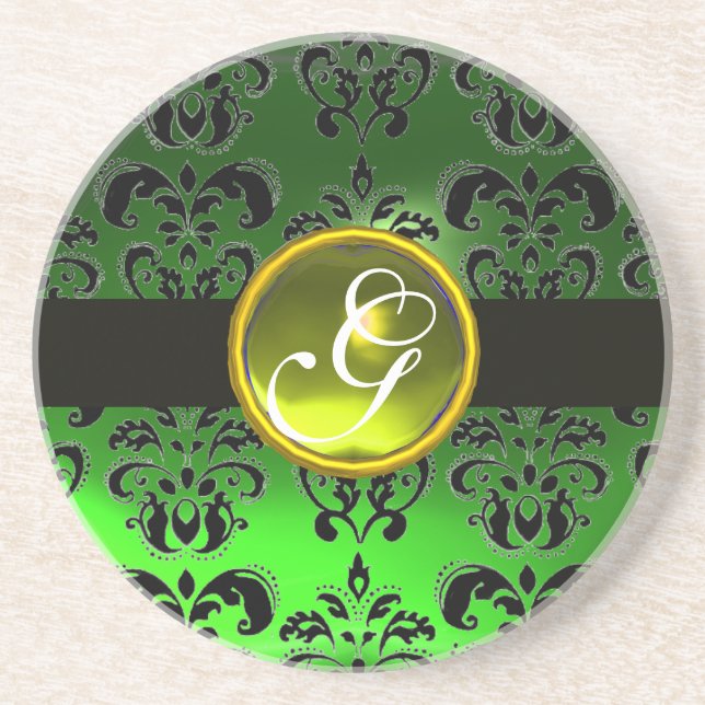 BLACK AND GREEN DAMASK  Yellow Topaz Monogram Coaster (Front)