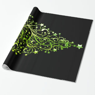 Black and Green Elegant Chic Christmas Tree Stars Wrapping Paper