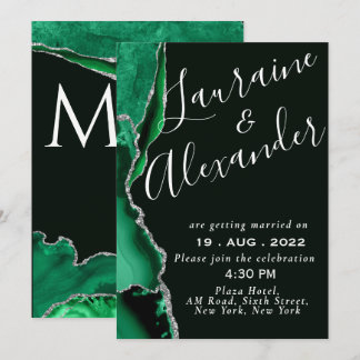Black and green emerald glitter agate marble invitation