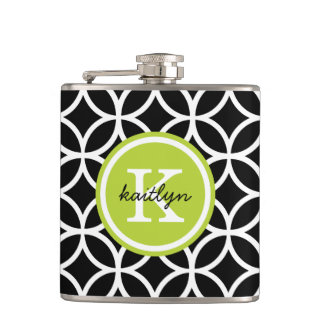 Black and Green Geometric Diamonds Custom Monogram Hip Flask