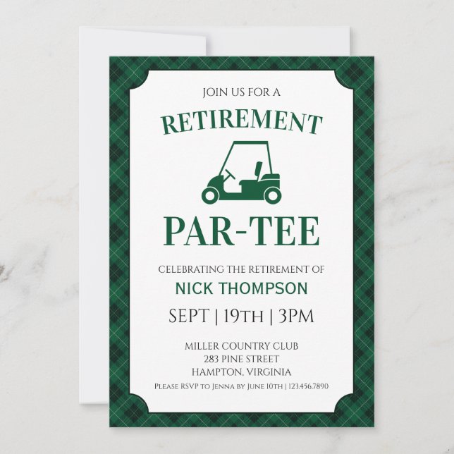Black And Green Gingham Golf Retirement Party Invitation (Front)