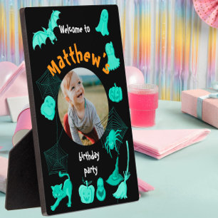 Black and green Halloween birthday party welcome Plaque