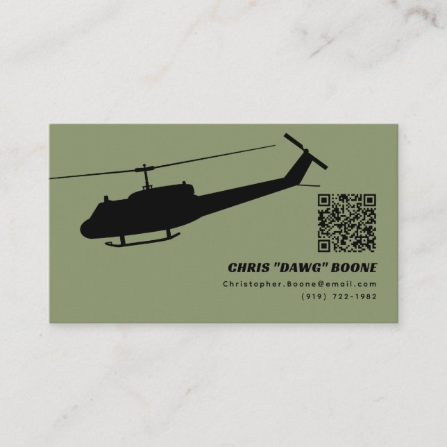 Black and Green Modern Huey Helicopter Business Card (Front)