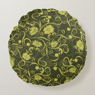 Black and Green Nature Illustrated Floral Pattern Round Cushion