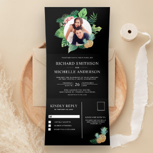 Black and Green Palm Leaves Wreath Photo Wedding Tri-Fold Invitation
