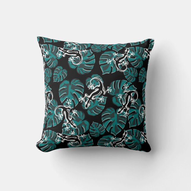 Black And Green Pattern - Geckos And Leaves Cushion (Front)