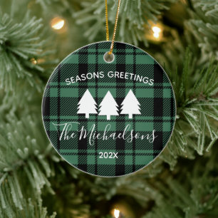 Black and Green Plaid with Monogram Name Photo  Ce Ceramic Tree Decoration