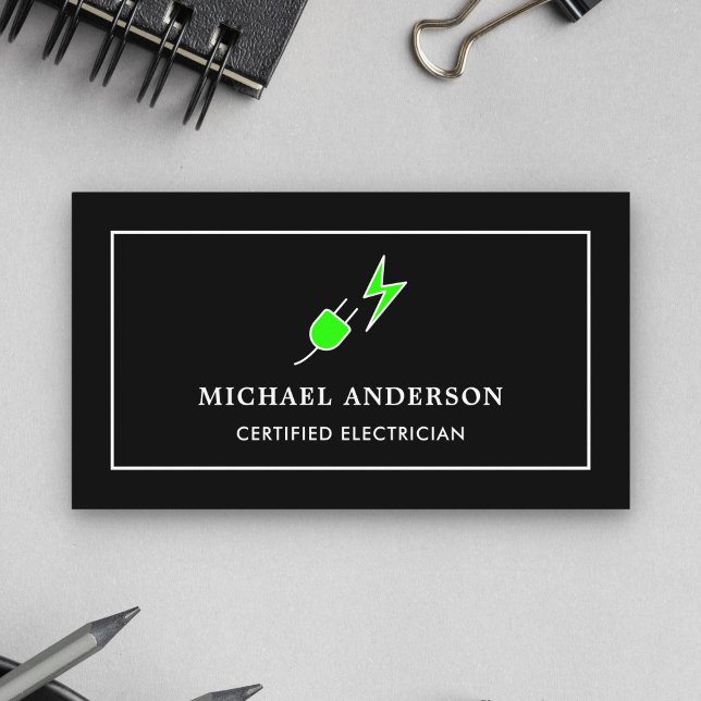 Black and Green Power Plug Certified Electrician Business Card (Creator Uploaded)