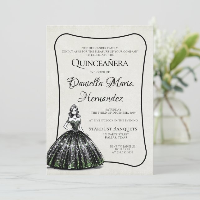 Black and Green Quinceañera Invitation (Standing Front)
