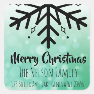 Black and Green Snowflake Personalised Christmas Square Sticker