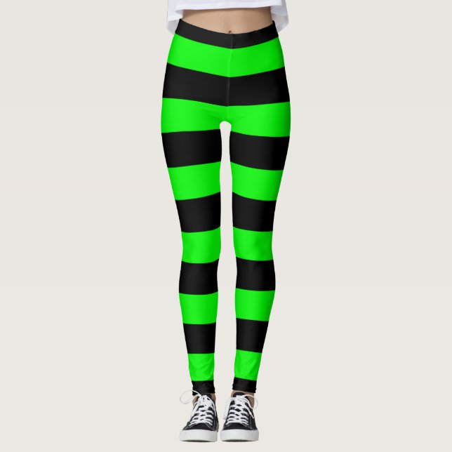 Black and Green Striped Witches Stockings Leggings (Front)