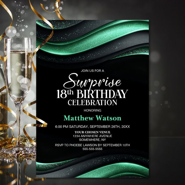 Black and Green Surprise 18th Birthday Party Invitation (Creator Uploaded)