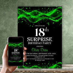 Black and Green Surprise 18th Birthday Party Invitation