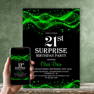Black and Green Surprise 21st Birthday Party Invitation
