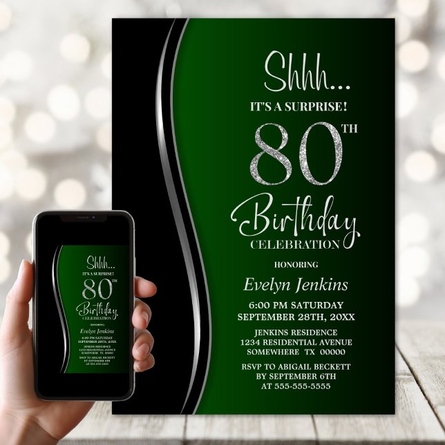 Black and Green Surprise 80th Birthday Invitation (Creator Uploaded)