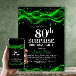 Black and Green Surprise 80th Birthday Party Invitation
