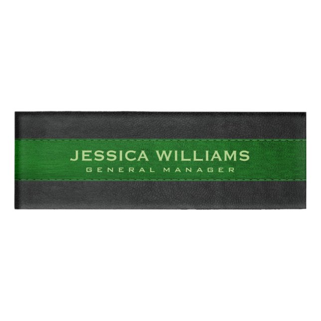 Black And Green Vintage Leather Name Tag (Front)