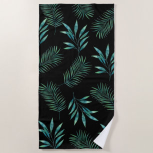 Black and Green Watercolor Palm Leaves Beach Towel