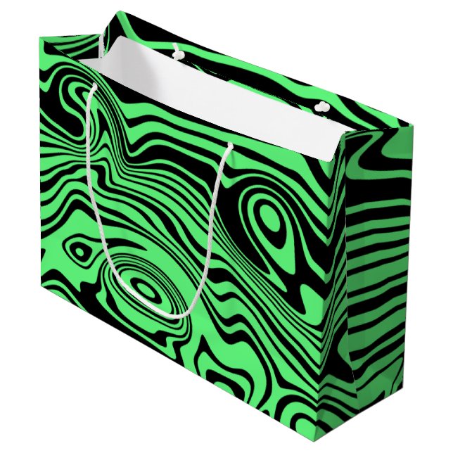 Black and Green Wavy Striped Gift Bag (Front Angled)
