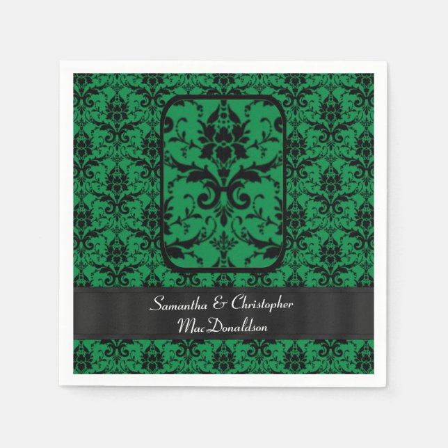 Black and green wedding damask pattern napkin (Front)