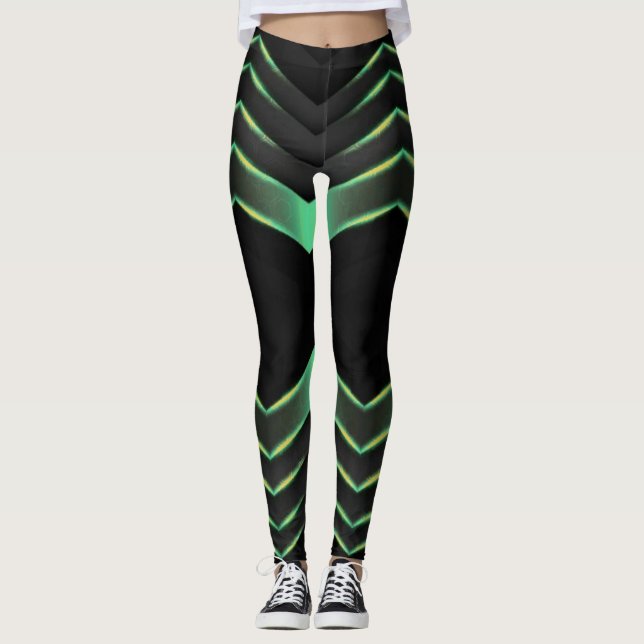 Black and green zigzag/chevron design leggings (Front)