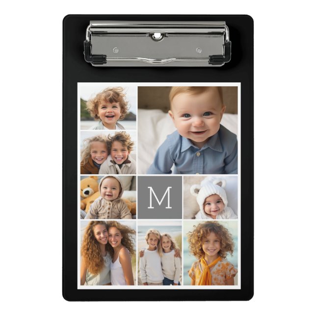 Black and Grey 8 Photo Collage classic monogram Mini Clipboard (Front)