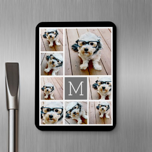 Black and Grey 8 Photo Collage - with monogram Magnet