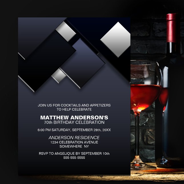 Black and Grey Abstract 70th Cocktail Birthday Invitation (Creator Uploaded)