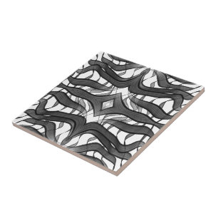 Black And Grey Abstract Feathered Floral Leaves  Tile
