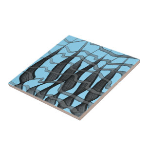 Black And Grey Abstract Feathered Floral Leaves Tile