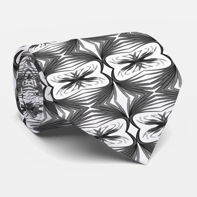 Black And Grey Abstract Mirrored Feathered Leaves Tie (Rolled)