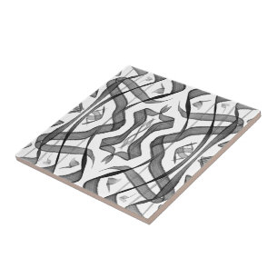 Black And Grey Abstract Mirrored Feathered Leaves Tile