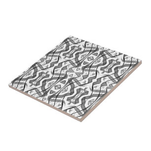 Black And Grey Abstract Mirrored Feathered Leaves Tile