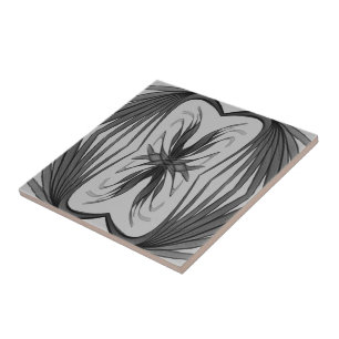 Black And Grey Abstract Mirrored Feathered Leaves  Tile