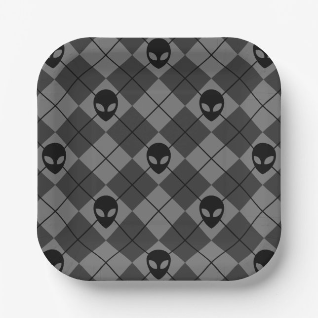 Black and Grey Alien Argyle Pattern Paper Plate (Front)