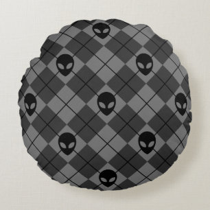 Black and Grey Alien Argyle Pattern Round Cushion