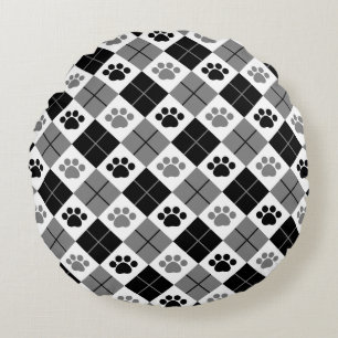 Black and Grey Argyle Paw Print Pattern Round Cushion