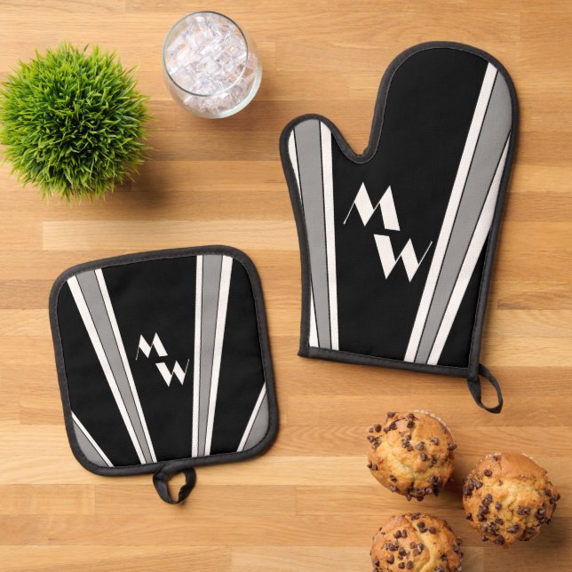 Black And Grey Art Deco Design Monogrammed Oven Mitt & Pot Holder Set (Top Down)