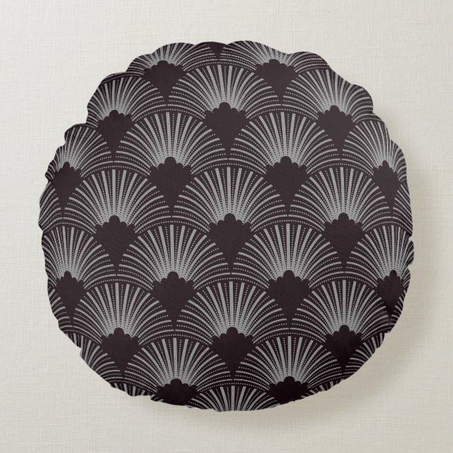 Black and grey art-deco pattern round cushion (Front)