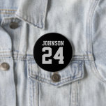 Black and Grey Athlete Name Jersey Number 7.5 Cm Round Badge<br><div class="desc">Cheer on your favourite sports team, football player or just show off your school pride with a custom personalised spirit button! Add your school name or personalise with a player's name and jersey number. Perfect for football, basketball, baseball and soccer games! Create custom pins for the whole team, cheerleaders, parents...</div>