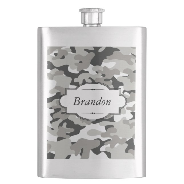 Black and Grey Camo Design Personalised Flask (Front)