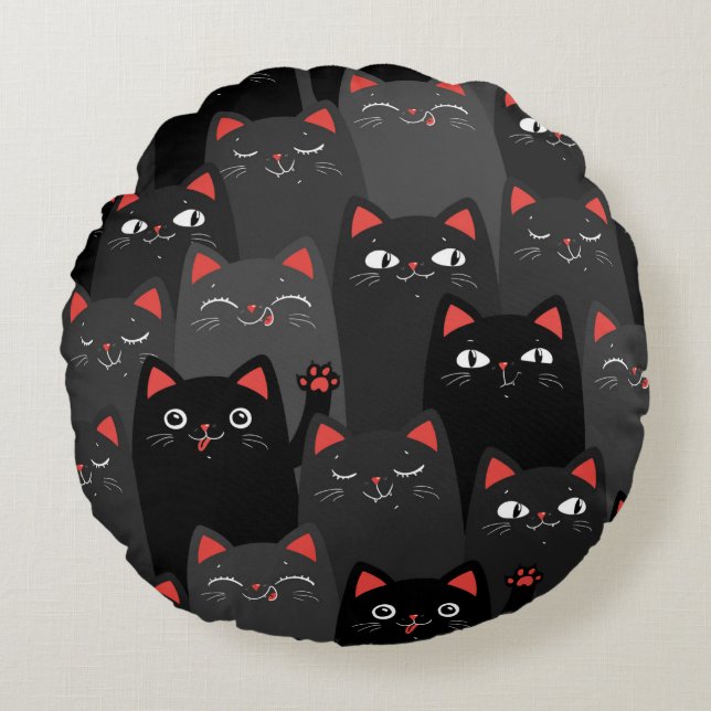 Black and grey Cats. Cartoon seamless pattern. Vin Round Cushion (Front)