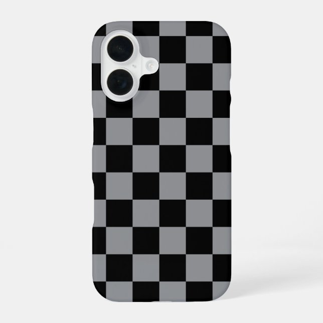 Black and Grey Chequered Print iPhone 16 Case (Back)